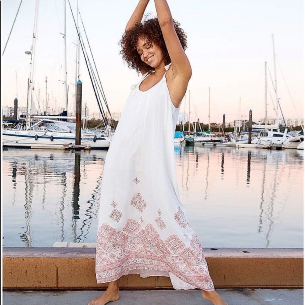 AERIE Printed Maxi Dress Women Small Gauzy Rope Tie Beachy Boho Flowy Resortwear